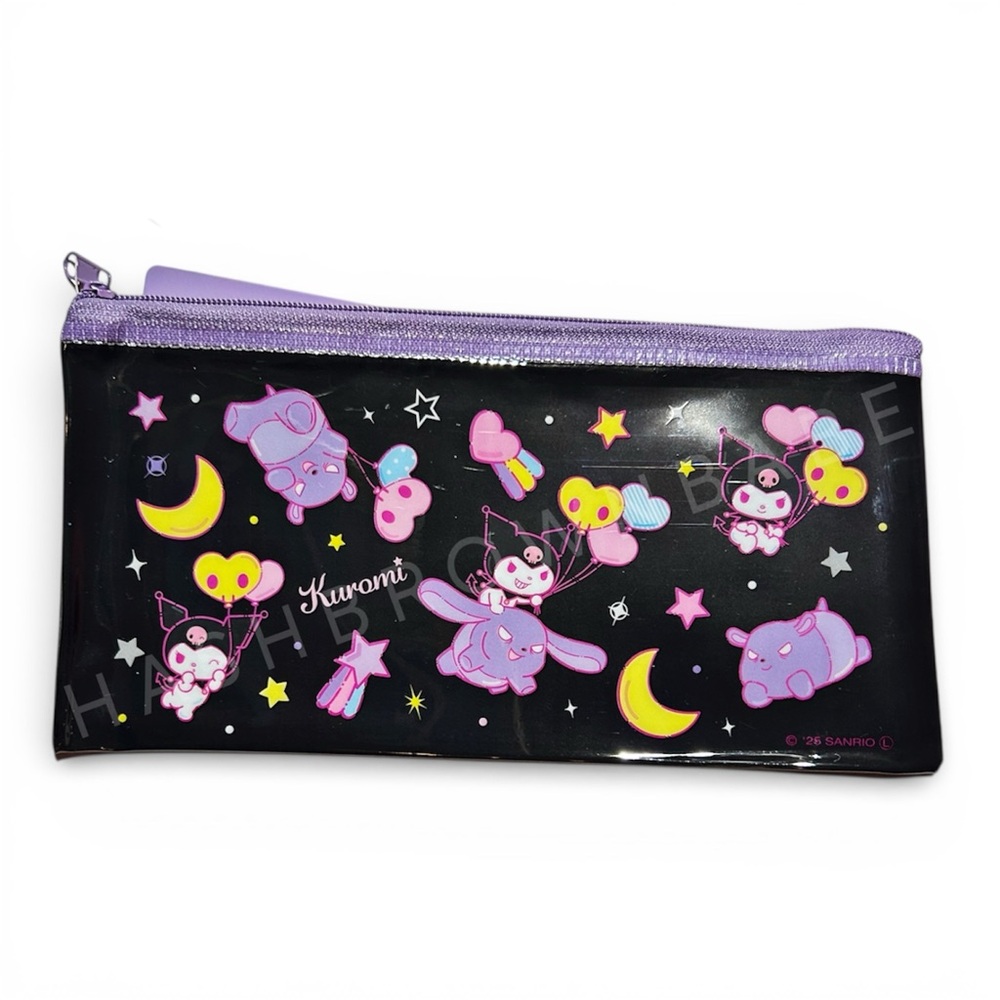 Sanrio Kuromi Japan Black and Purple Zipper Slim Pouch, Cute Pencil Pen Case Bag